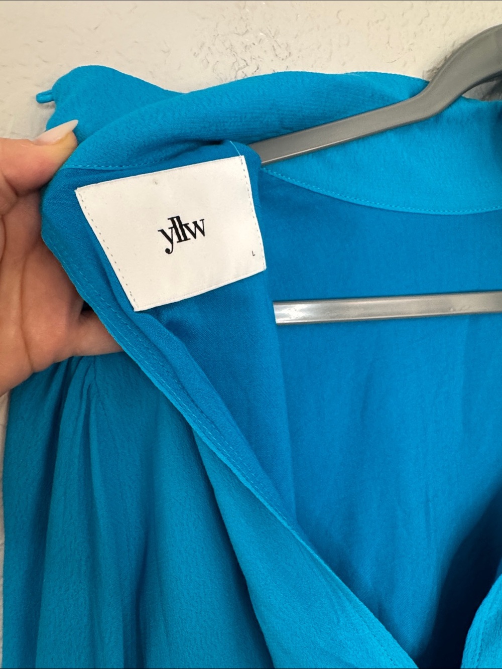 yllw Yellow The Label Raya Bell Sleeve Mock Neck Mini Dress Blue Large - Picture 5 of 9